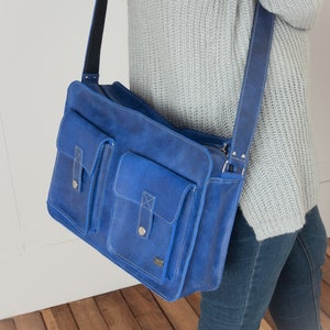 Personalized leather messenger bag for women, monogrammed leather bag vintage inspired, personalized bag, add monogram to leather laptop bag Blue