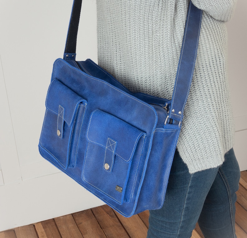 Personalized leather messenger bag for women, monogrammed leather bag vintage inspired, personalized bag, add monogram to leather laptop bag Blue