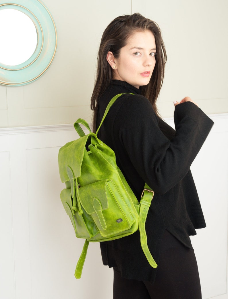 Leather backpack women, green backpack, laptop backpack for work, backpack purse, leather boho bag women, backpack vintage, lime green bag image 1