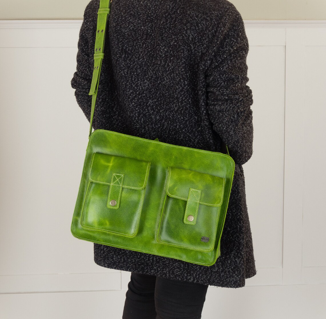 Leather laptop bag for women green leather messenger bag for Etsy