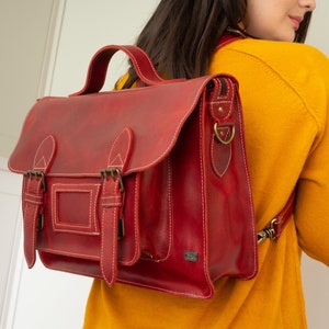 Leather satchel backpack, vintage backpack red leather, laptop bag for work, bag briefcase women, messenger bag women, convertible backpack