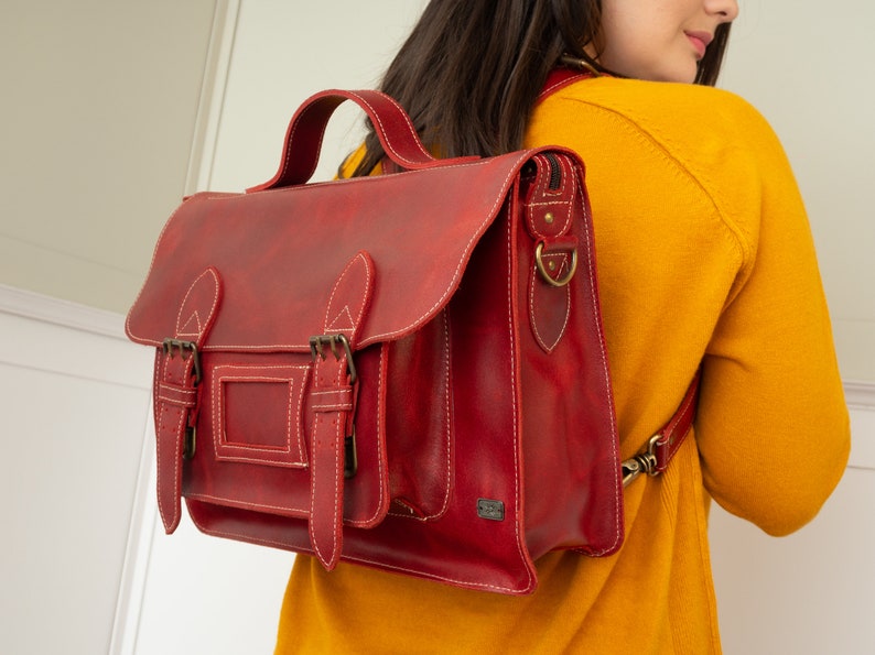 Leather satchel backpack, vintage backpack red leather, laptop bag for work, bag briefcase women, messenger bag women, convertible backpack image 1