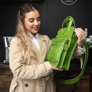 Leather crossbody pocket bag, lime green messenger bag, woman leather bag, vintage sturdy bag, gift for fiance, green handbag for school image 10