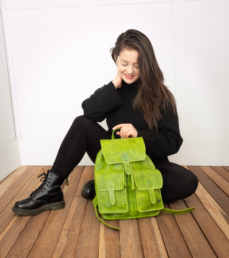Leather backpack women, green backpack, laptop backpack for work, backpack purse, leather boho bag women, backpack vintage, lime green bag Green