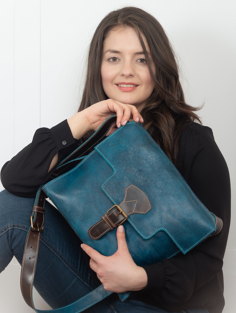 Blue Cross Body Bag for Women Vintage Inspired Leather Bag Etsy