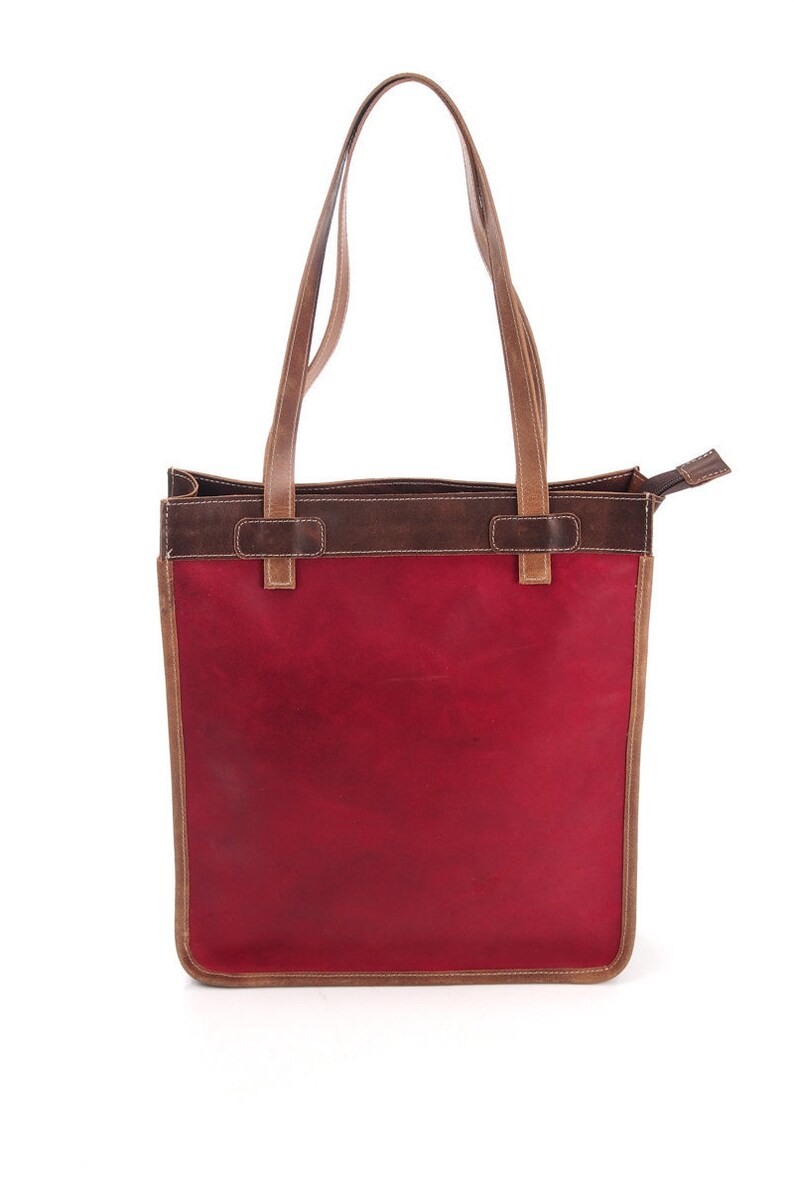 red leather tote handbag