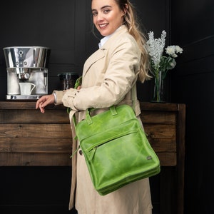 Leather crossbody pocket bag, lime green messenger bag, woman leather bag, vintage sturdy bag, gift for fiance, green handbag for school image 6