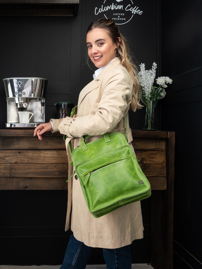 Leather crossbody pocket bag, lime green messenger bag, woman leather bag, vintage sturdy bag, gift for fiance, green handbag for school image 6