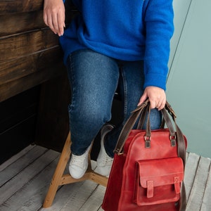 Red leather woman work bag, vintage leather bag woman, leather top handle bag, crossbody purse for sister, woman handbag everyday, mom gift image 7