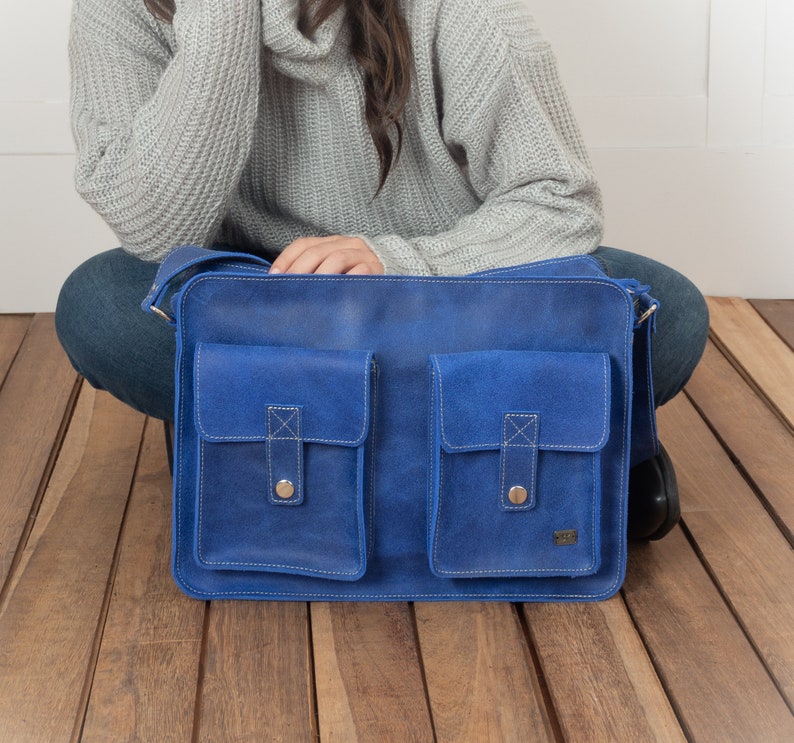 Sky Blue laptop bag women, blue leather messenger bag, soft leather messenger laptop bag, messenger purse woman, blue laptop bag for work image 2