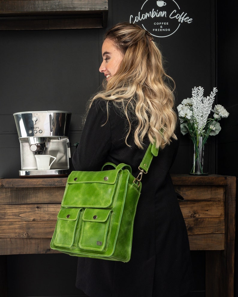 Green leather backpack, backpack women, small leather backpack, green purse backpack, school bag, green leather bag for her, cute backpack image 4