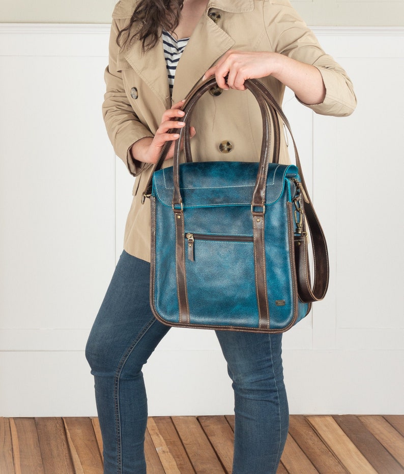 Leather shoulder bag blue leather handbag for women laptop Etsy