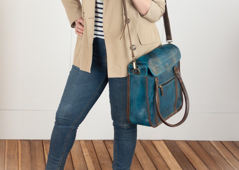 Leather shoulder bag blue leather handbag for women laptop Etsy