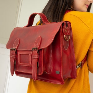 Messenger bag, Leather satchel bag women, laptop backpack, messenger school bag, vintage backpack, convertible backpack, briefcase backpack Red