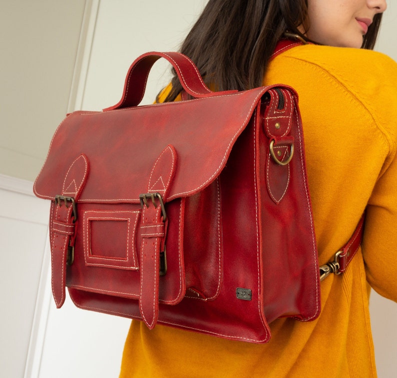 Messenger bag, Leather satchel bag women, laptop backpack, messenger school bag, vintage backpack, convertible backpack, briefcase backpack Red