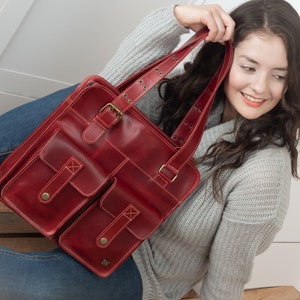 Leather work bag women, red leather handbag for women, leather tote bag women, leather purses, women bag with pockets, leather gifts women image 2