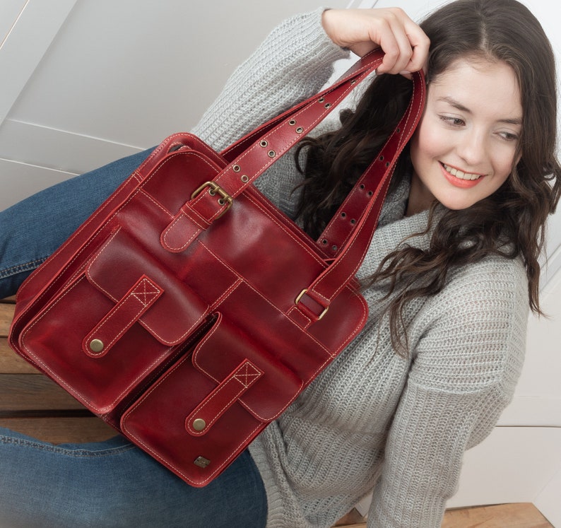 Leather work bag women, red leather handbag for women, leather tote bag women, leather purses, women bag with pockets, leather gifts women image 2