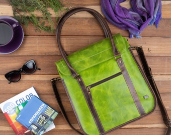Women laptop bag, Lime green leather handbag, Laptop Holder Bag women, Classic leather Tote, Convertible leather Handbag, Everyday Work Bag