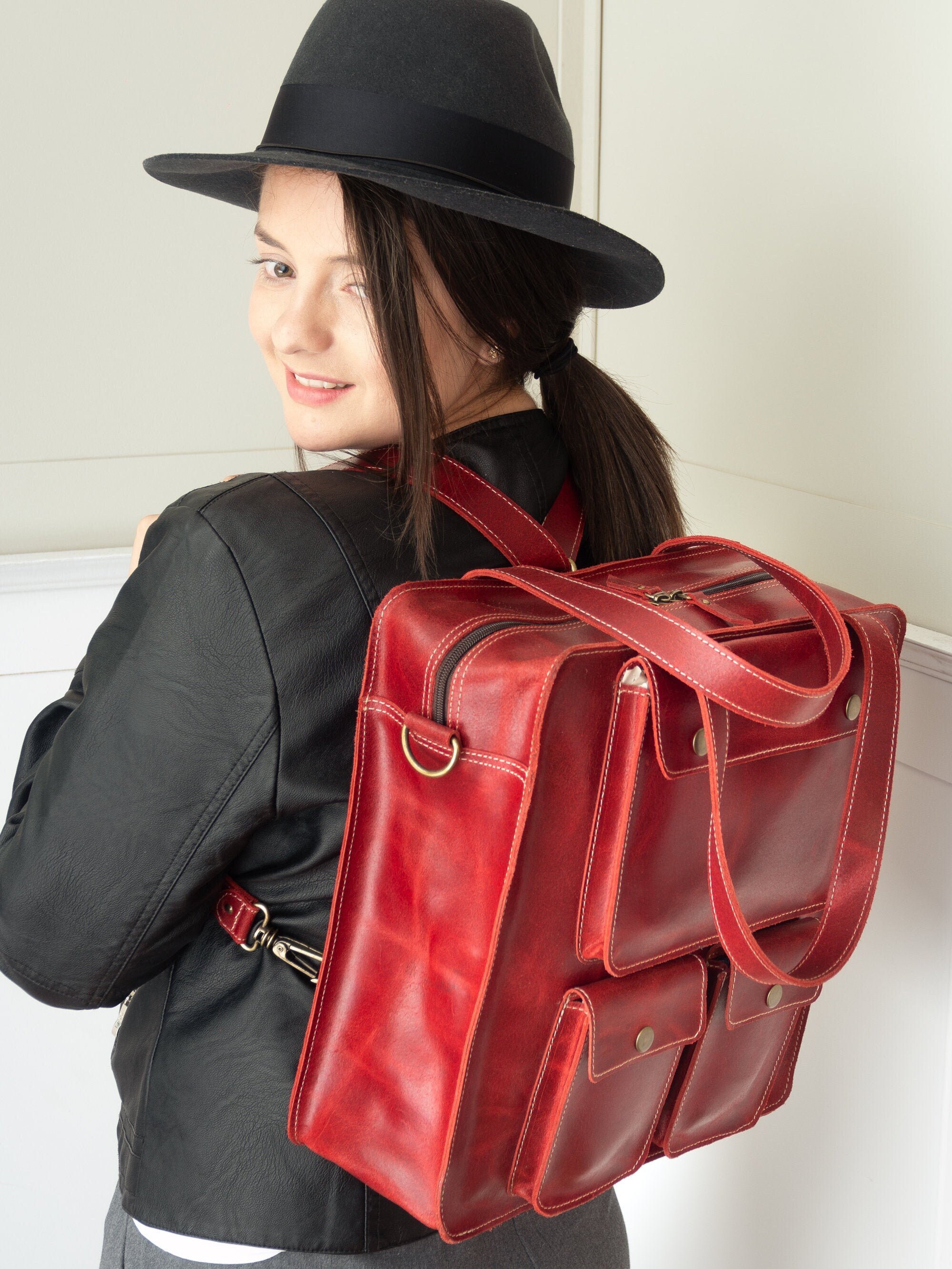 Red leather backpack handbag deals