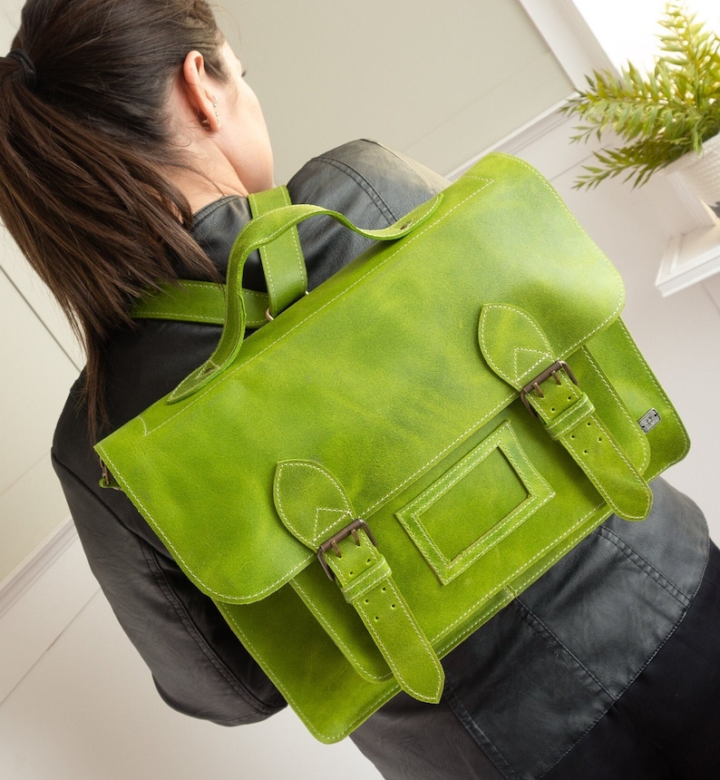 Green leather messenger bag, leather convertible backpack women, laptop satchel bag for work, green leather briefcase women, vintage bag image 2
