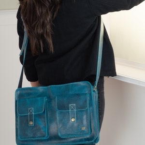 Vintage leather messenger bag, woman messenger leather bag, turquoise blue leather bag, leather bag winter outfits, jeans style leather bag image 7