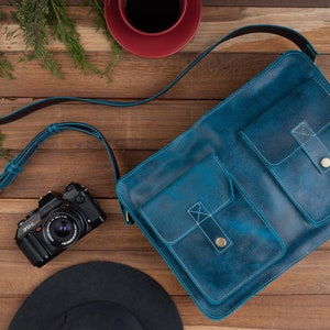 Leather laptop bag for women, green leather messenger bag for work, shoulder bag with pockets casual style, bag for women black outfits Turquoise blue