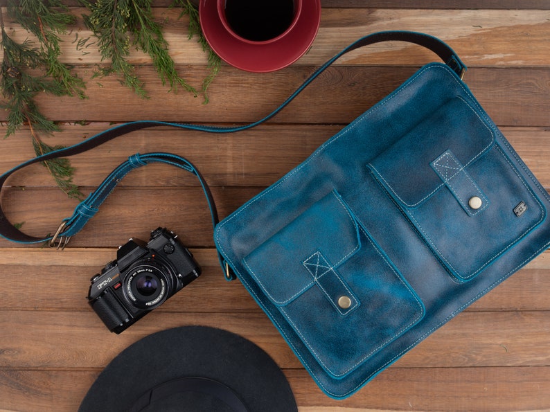 Stylish Green Leather Messenger Bag for Women, Laptop Bag Included, gift for her Turquoise blue