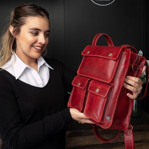 Convertible backpack for women, red leather backpack for work, small laptop backpack women, red leather bag for laptop, work bag for mom