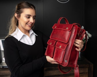 Convertible backpack for women, red leather backpack for work, small laptop backpack women, red leather bag for laptop, work bag for mom