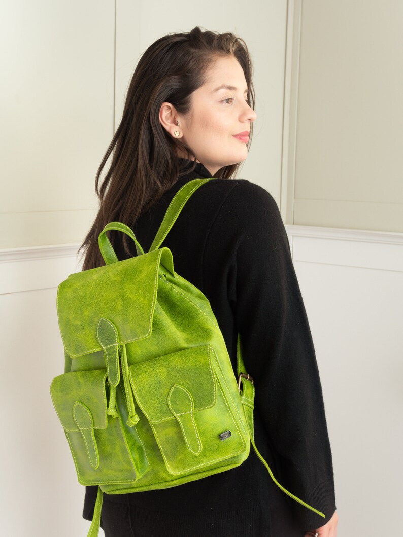 Leather backpack women, green backpack, laptop backpack for work, backpack purse, leather boho bag women, backpack vintage, lime green bag image 7