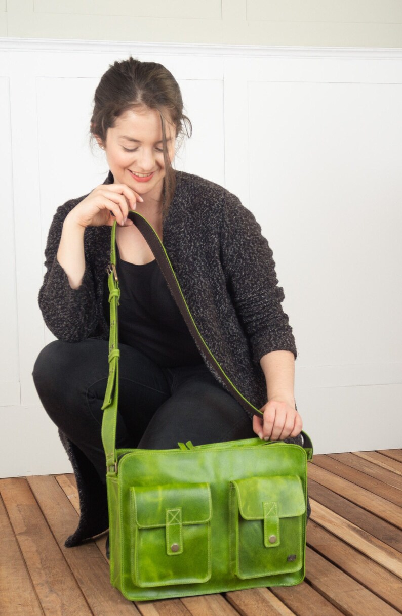 Sac en cuir vert pour le travail, sac décole vert lime, sac pour ordinateur portable pour femme, sac messager pour un nouvel emploi, sac à bandoulière avec poches, sac à main vert image 7