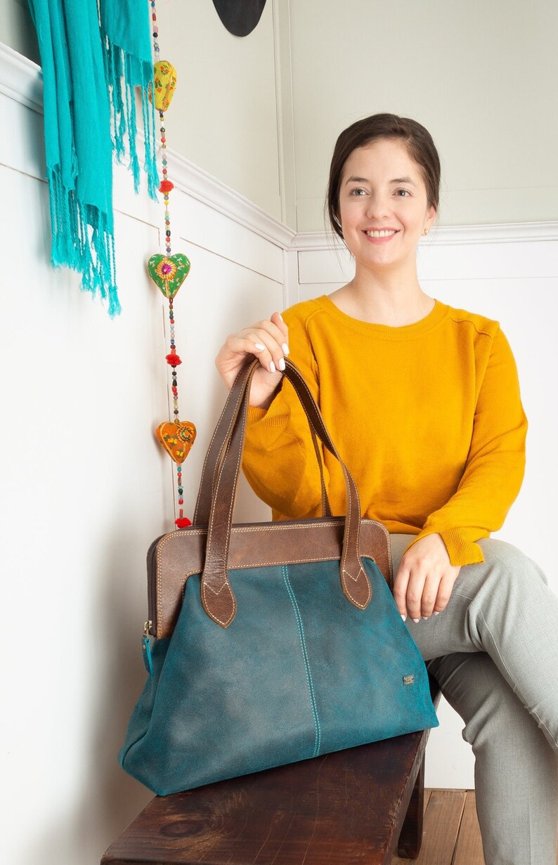 Retro Turquoise Handbag in Doctor Bag Style Perfect Work Bag for Vintage Lovers, Leather doctor Bag for women image 6