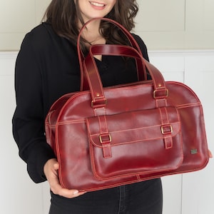 Red leather large handbag, oversize women leather bag, carry on duffel bag, women travel bags, large red purse for work, red weekender bag