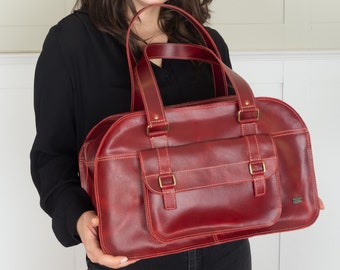 Red leather large handbag, oversize women leather bag, carry on duffel bag, women travel bags, large red purse for work, red weekender bag