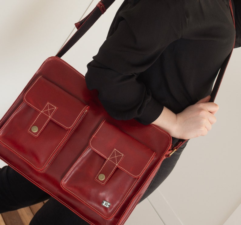 Red leather messenger bag, leather laptop bag for women, cross body work bag, graduation gift, leather shoulder bag women, casual crossbody image 2