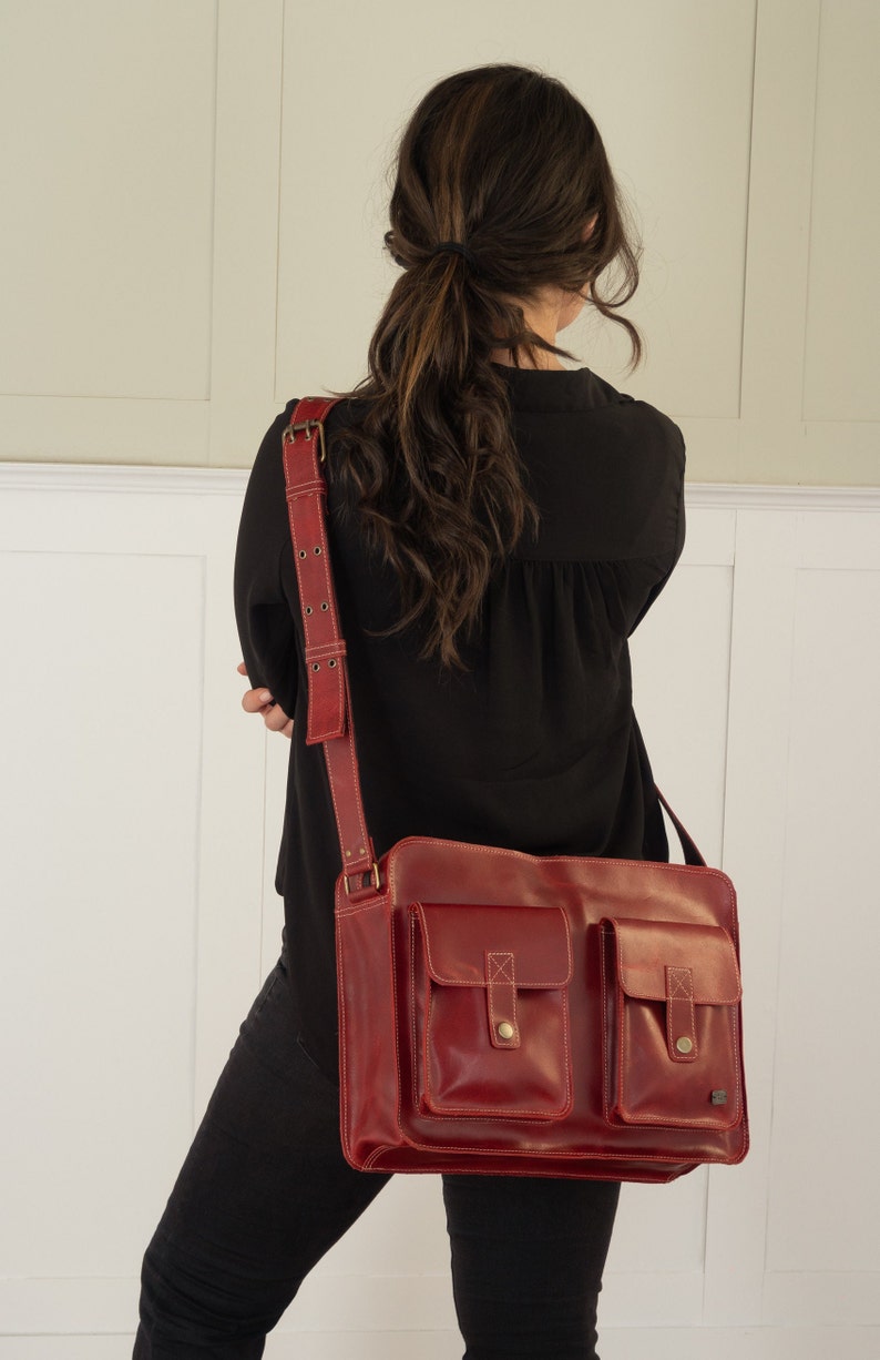Red leather messenger bag, leather laptop bag for women, cross body work bag, graduation gift, leather shoulder bag women, casual crossbody image 3
