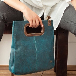Light tan crossbody leather purse, vintage handbag work style, tan leather bag women, cross body weekend handbag, small casual bag women Turquoise blue