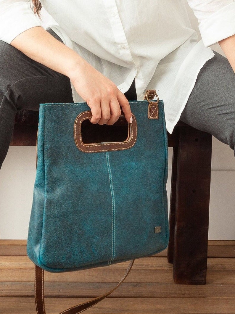 Light tan crossbody leather purse, vintage handbag work style, tan leather bag women, cross body weekend handbag, small casual bag women Turquoise blue