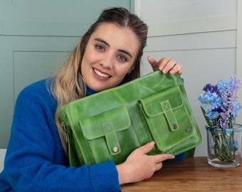 Green leather messenger bag, school leather bag, office bag for laptop, small laptop bag women, small messenger work bag, everyday bag women