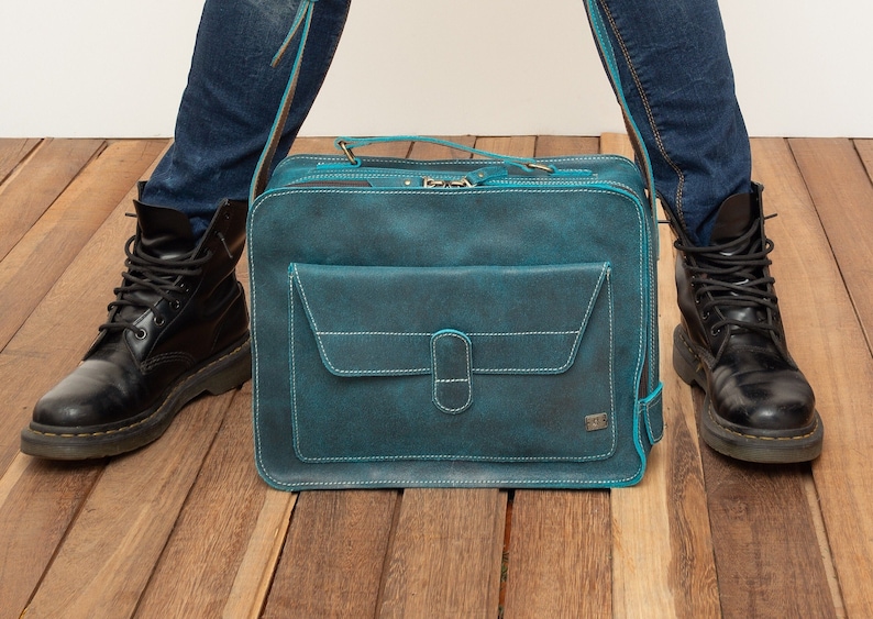 Vintage Turquoise Leather Messenger Bag, Retro Briefcase, Handcrafted Crossbody Satchel, Travel Bag for Men and Women image 1