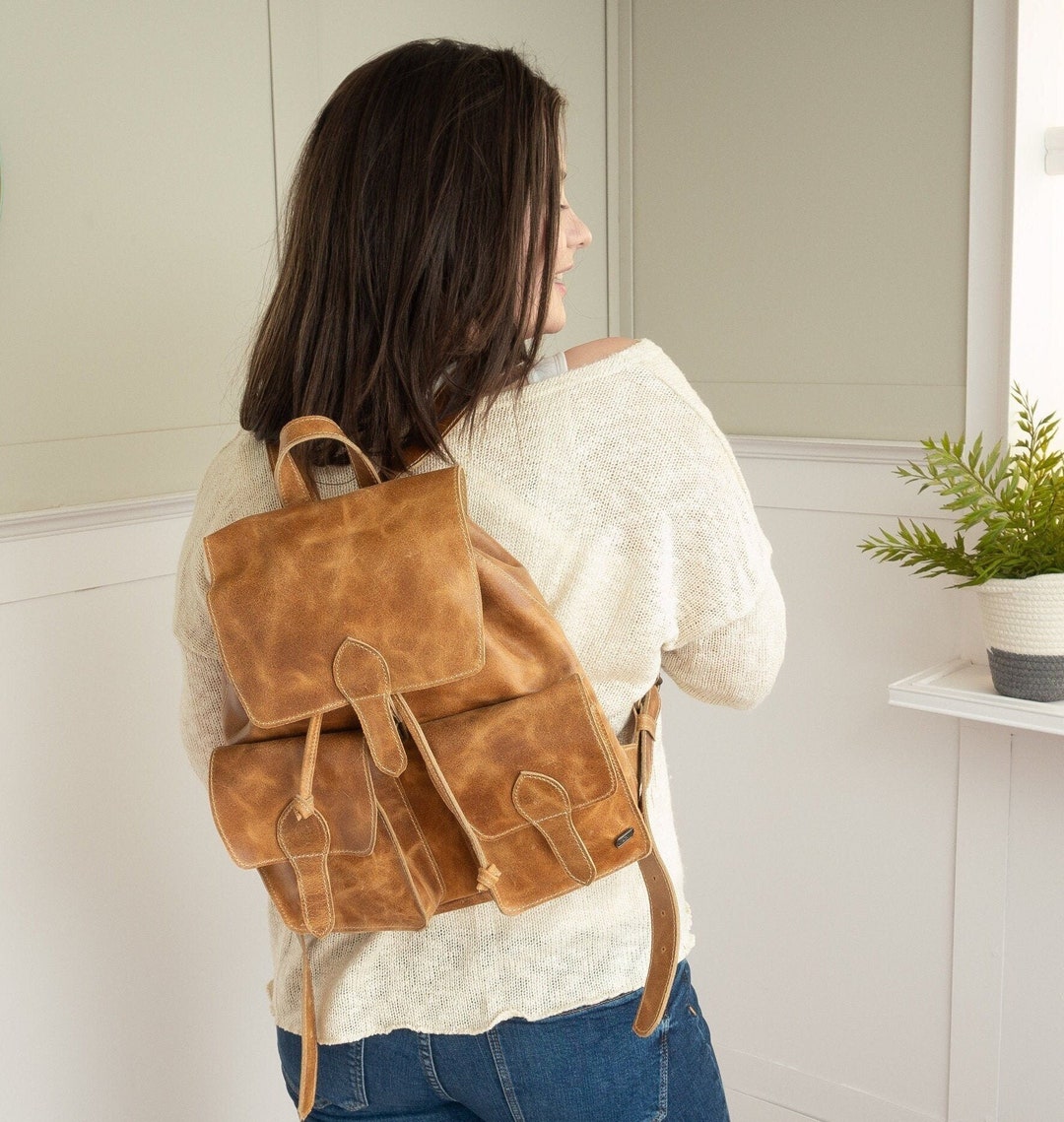 Tan Leather Backpack Vintage, Women School Backpack, Boho Leather