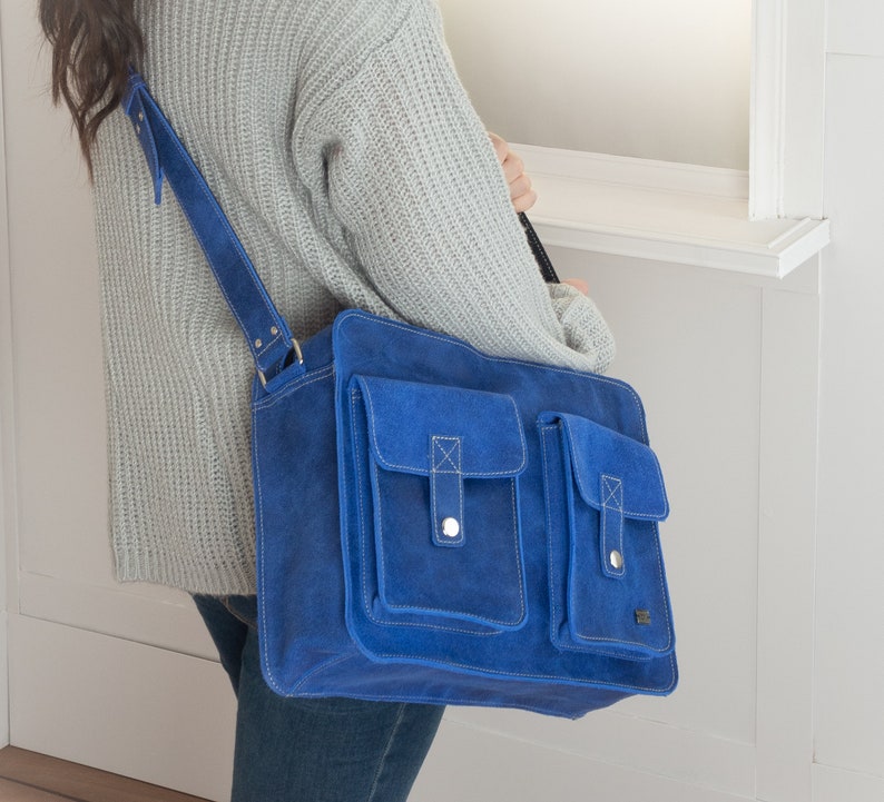 Blue Leather Laptop Bag Messenger Bag Women Blue Leather Etsy
