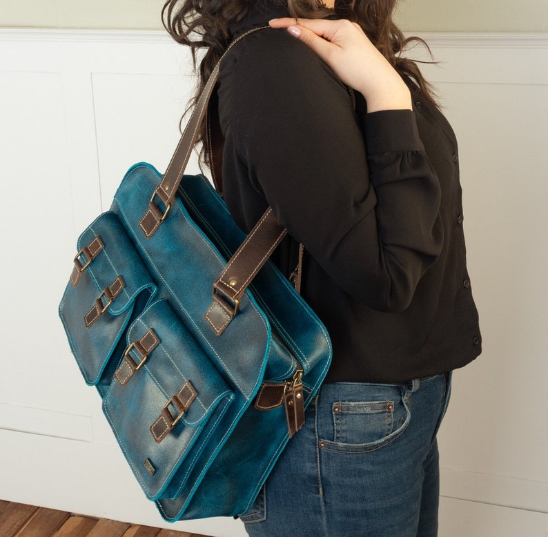 Woman handbag turquoise blue leather tote bag, vintage bag for women, leather women laptop bag, business shoulder bag for woman, mom gift image 2