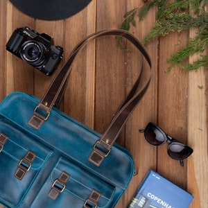 Woman handbag turquoise blue leather tote bag, vintage bag for women, leather women laptop bag, business shoulder bag for woman, mom gift image 3