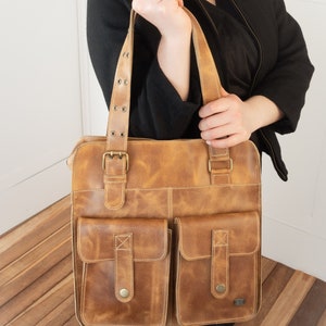 Tan leather set with pockets, ocher handbag for women, bronze shoulder bag, women bag with pockets, gifts for her, leather handbag women image 8