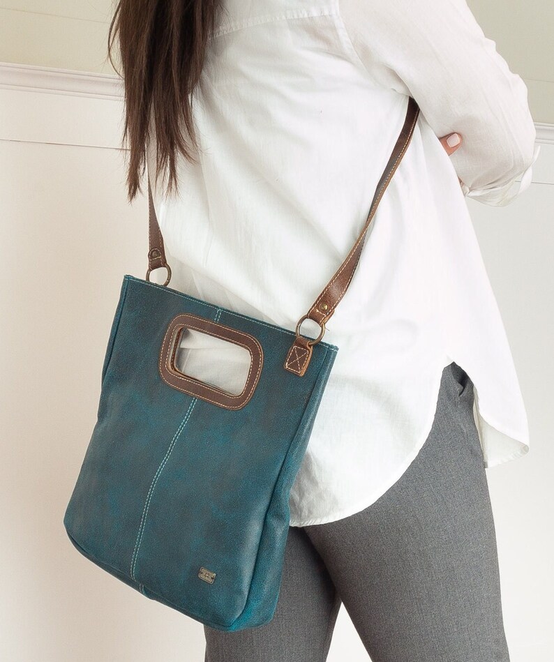 Turquoise leather crossbody handbag, minimalist cross body bag women, blue leather purse, everyday women bag, crossbody purse for work image 2