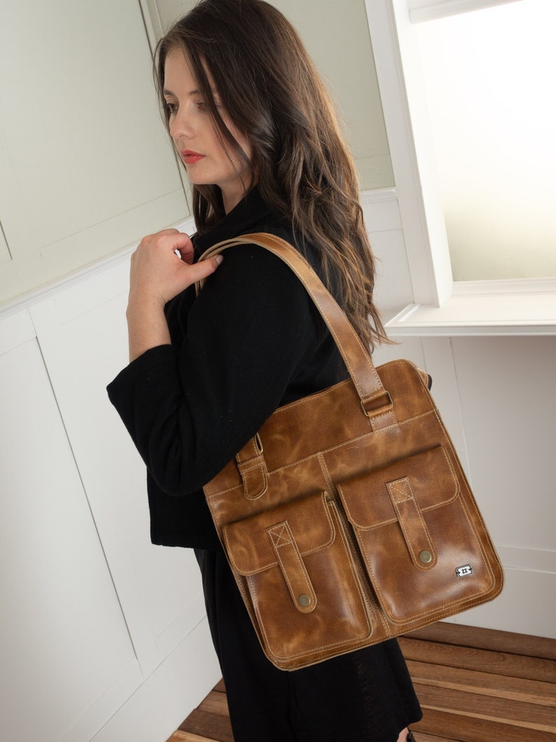 Tan leather set with pockets, ocher handbag for women, bronze shoulder bag, women bag with pockets, gifts for her, leather handbag women image 5