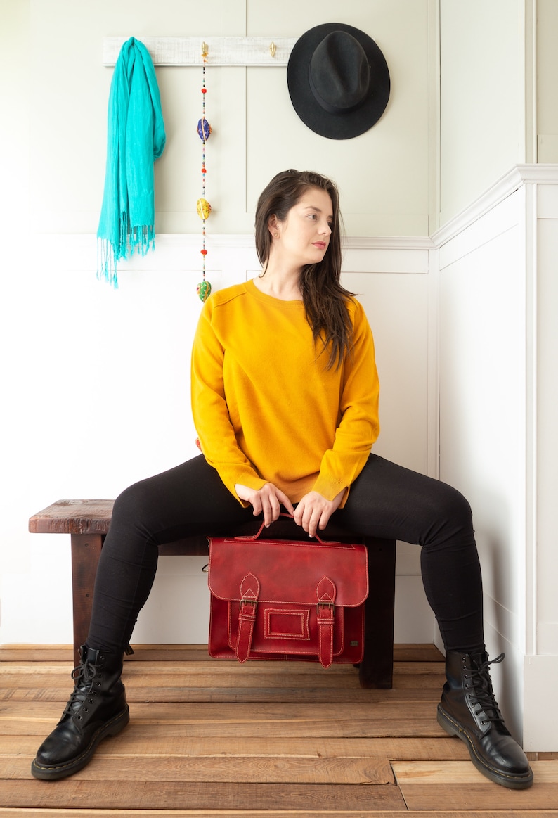 Leather satchel backpack, vintage backpack red leather, laptop bag for work, bag briefcase women, messenger bag women, convertible backpack image 5