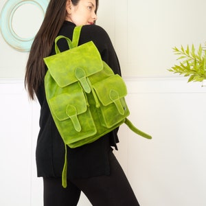 Leather backpack women, green backpack, laptop backpack for work, backpack purse, leather boho bag women, backpack vintage, lime green bag image 3