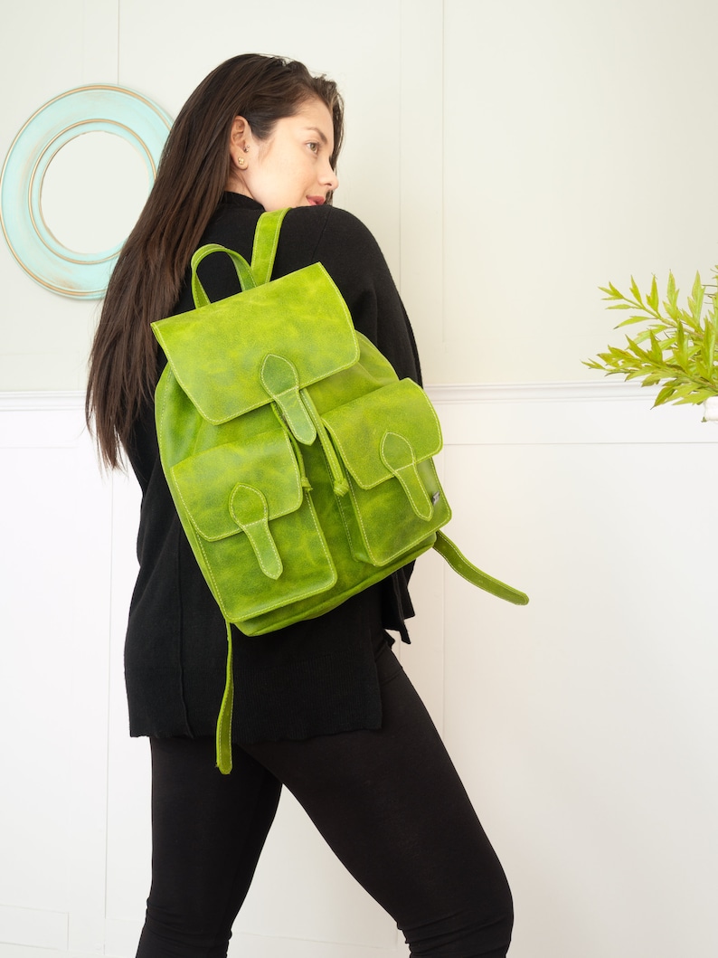 Leather backpack women, green backpack, laptop backpack for work, backpack purse, leather boho bag women, backpack vintage, lime green bag image 3